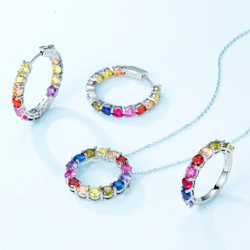 925 Silver Rainbow Cubic 5A Zirconia CZ Ring Colorful Cubic Zircon Rainbow Ring Women Jewelry Ring