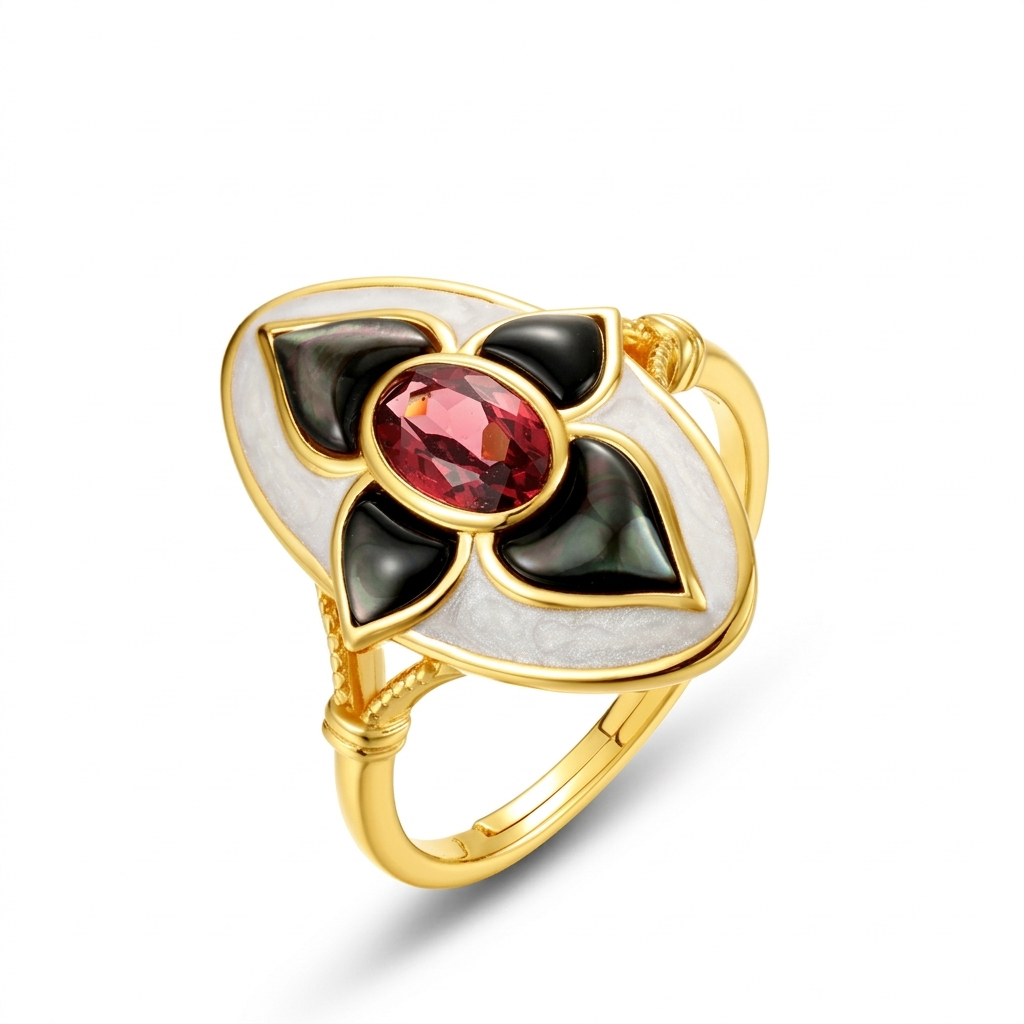 JewelyKing S925 Exquisite Sterling Silver 18K Gold Ring Vintage Garnet Fashion Ring JKRS0269
