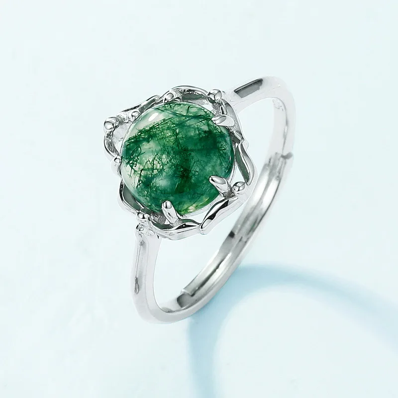JewelyKing S925 Sterling Silver Natural Green Moss Agate Engagement Wedding Ring JKRS0200