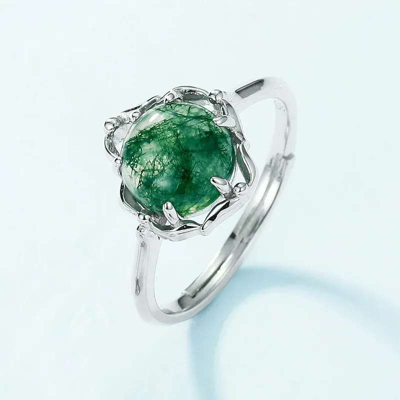 JewelyKing S925 Sterling Silver Natural Green Moss Agate Engagement Wedding Ring JKRS0200