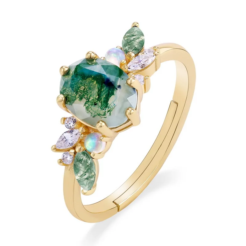 JewelyKing S925 Sterling Silver Green Moss Agate 14K Gold Plated Opal CZ Accent Adjustable Statement Ring JKRS0010