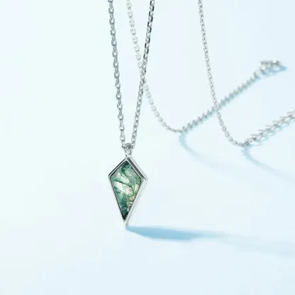 Jewelyking S925 Sterling Silver Simple Geometric Green Moss Agate Pendant Necklace JKNS0097
