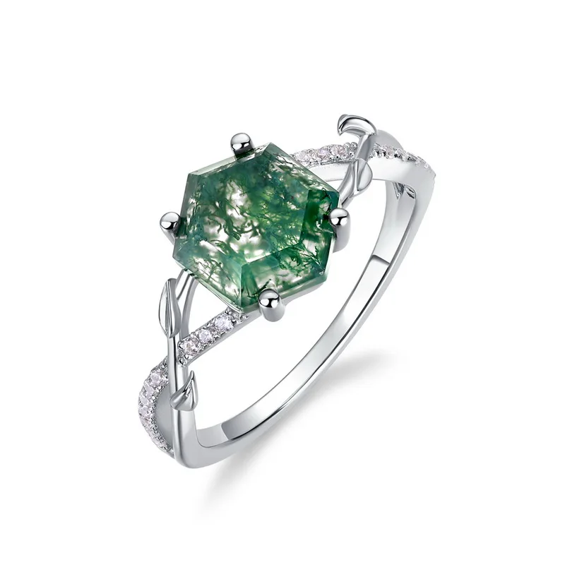 JewelyKing S925 Sterling Silver Green Moss Agate Hexagon Cut Natural Gemstone Vine Leaf CZ Accent Adjustable Solitaire Ring JKRS0155