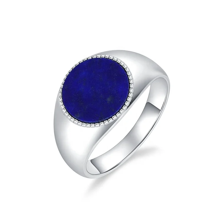 JewelyKing S925 Sterling Silver Unisex Natural Lapis Lazuli Signet Finger Ring JKRS0277