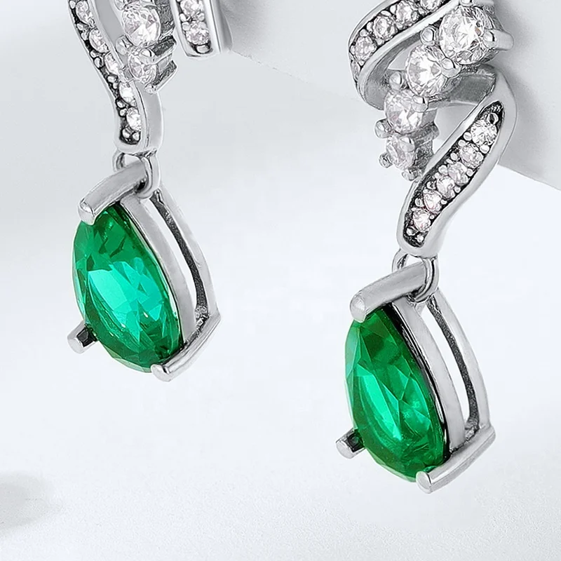Sterling Silver 925 Dainty Gemstones Waterdrop Teardrop Earrings Shiny Zircon and Lab Grown Emerald Hanging Earrings