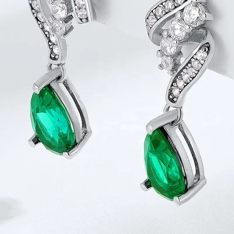Sterling Silver 925 Dainty Gemstones Waterdrop Teardrop Earrings Shiny Zircon and Lab Grown Emerald Hanging Earrings