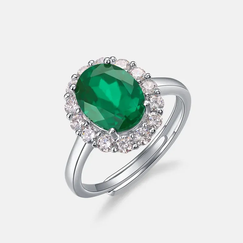 S925 Sterling Silver Oval Cut Lab Grown Emerald Halo Adjustable Ring for Women