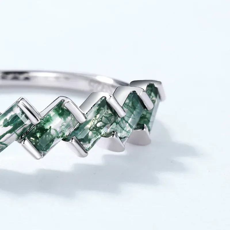 JewelyKing S925 Sterling Silver Wedding Green Moss Agate Engagement Gemstone Ring JKRS0163