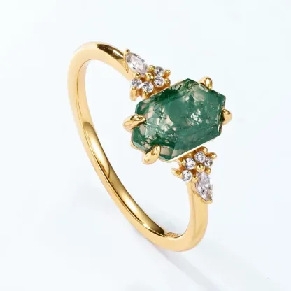 JewelyKing S925 Sterling Silver 14K Gold Plated Hexagon Cut Moss Agate Cluster CZ Accent Stackable Nature Statement Ring JKRS0131