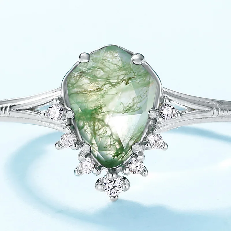 JewelyKing S925 Sterling Silver Gemstone Natural Moss Agate Wedding Engagement Ring JKRS0134