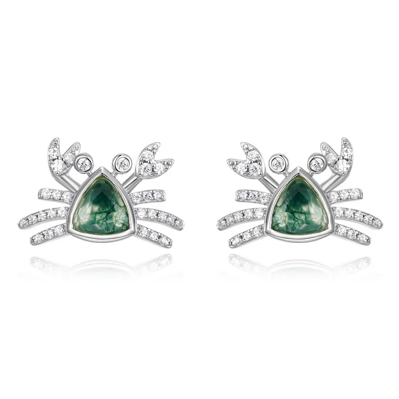 Jewelyking S925 Silver Natural Moss Agate Pave Daily Wear Stud Earrings JKES0103