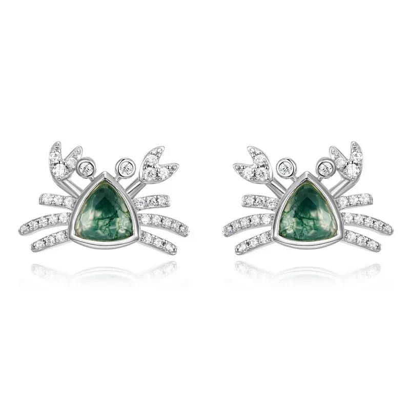 Jewelyking S925 Silver Natural Moss Agate Pave Daily Wear Stud Earrings JKES0103