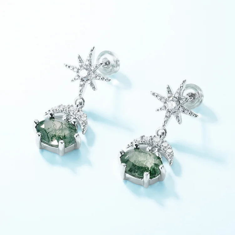 Jewelyking S925 Sterling Silver Luxury Design Moon and Star Natural Oval Moss Agate Stud Earrings JKES0069