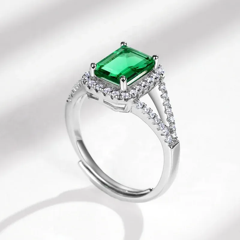 Wholesale Silver 925 Green Gemstone Open Jewelry Luxury Cubic Zirconia Ring Lab Grown Emerald Engagement Ring