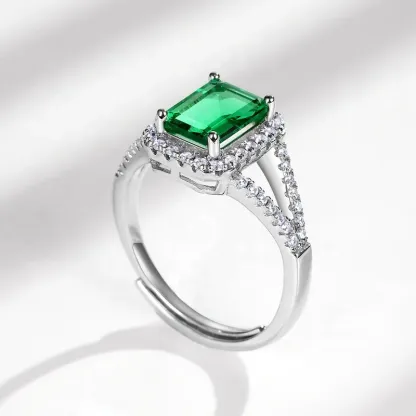 Wholesale Silver 925 Green Gemstone Open Jewelry Luxury Cubic Zirconia Ring Lab Grown Emerald Engagement Ring