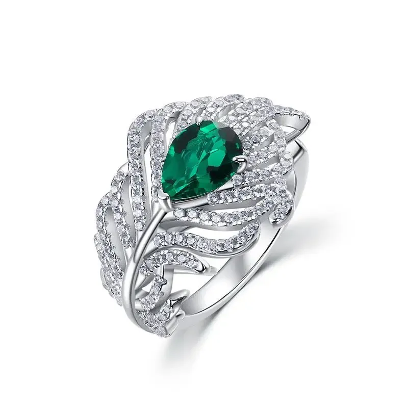 Panyu Custom Feather Style Lab Created Emerald Ring  Elegant 925 Sterling Silver Statement Jewelry
