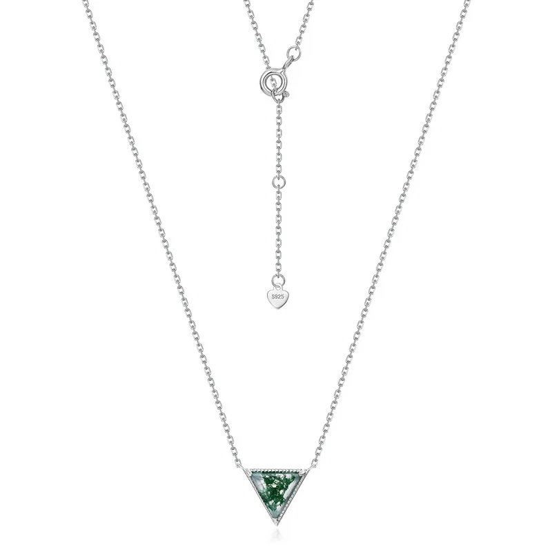 Jewelyking S925 Sterling Silver Trillion Cut Green Moss Agate Triangle Geometric Minimalist Layering Pendant Necklace JKNS0104