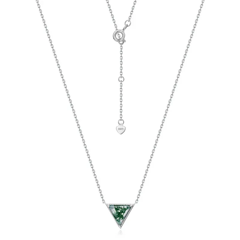 Jewelyking S925 Sterling Silver Trillion Cut Green Moss Agate Triangle Geometric Minimalist Layering Pendant Necklace JKNS0104