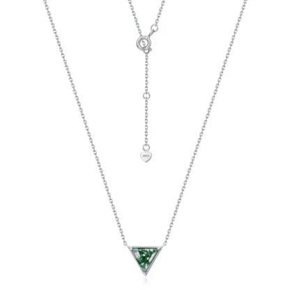 Jewelyking S925 Sterling Silver Trillion Cut Green Moss Agate Triangle Geometric Minimalist Layering Pendant Necklace JKNS0104