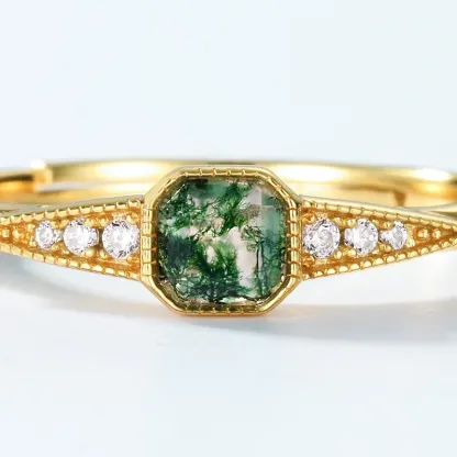 JewelyKing S925 Sterling Silver Square Cut Natural Gemstone 18k Gold Plated Green Moss Agate Zirconia Engagement Ring JKRS0128