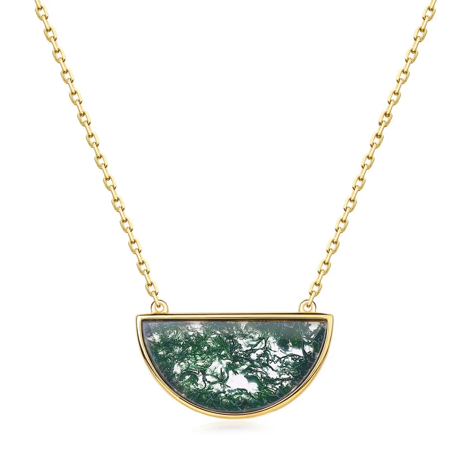 Jewelyking S925 Sterling Silver Noble 18K Gold Plated Half Circle Green Moss Agate Pendant Necklace JKNS0098