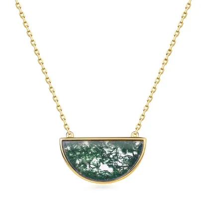 Jewelyking S925 Sterling Silver Noble 18K Gold Plated Half Circle Green Moss Agate Pendant Necklace JKNS0098