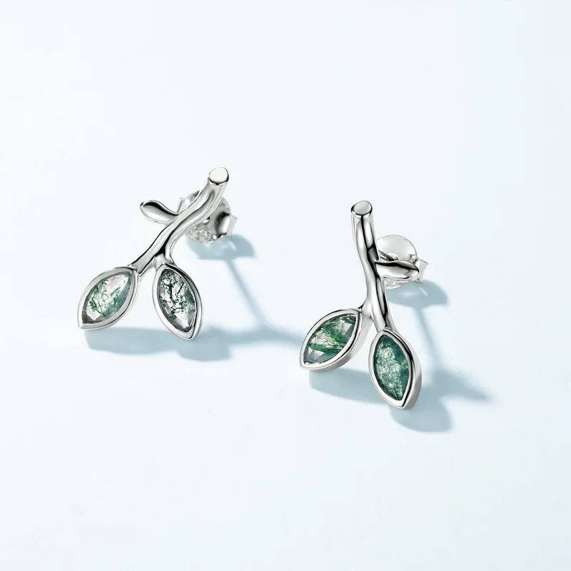 Jewelyking S925 Sterling Silver Forest Branch Party Gifts Hot Sale Green Moss Agate Earrings Sweet Green Earrings JKES0089
