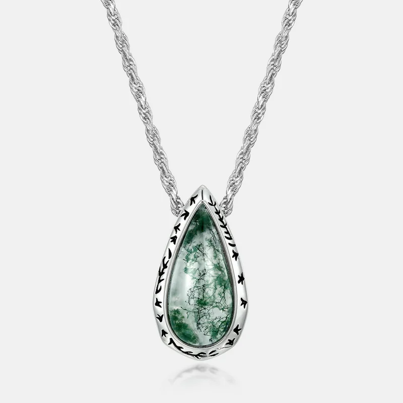 Jewelyking S925 Silver Ring Pear Shaped Moss Agate Natural Teardrop Emerald Stone JKNS0108