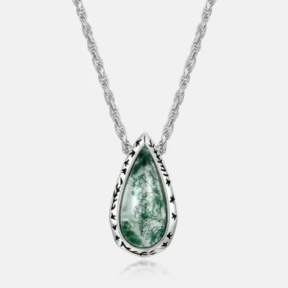 Jewelyking S925 Silver Ring Pear Shaped Moss Agate Natural Teardrop Emerald Stone JKNS0108