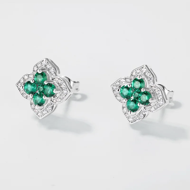 Silver Sterling S925 Earring  Premium Design Four Leaf Clover Flower Lab Grown Emerald Ear Stud