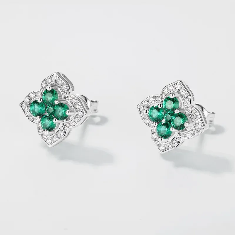 Silver Sterling S925 Earring  Premium Design Four Leaf Clover Flower Lab Grown Emerald Ear Stud