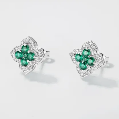 Silver Sterling S925 Earring  Premium Design Four Leaf Clover Flower Lab Grown Emerald Ear Stud