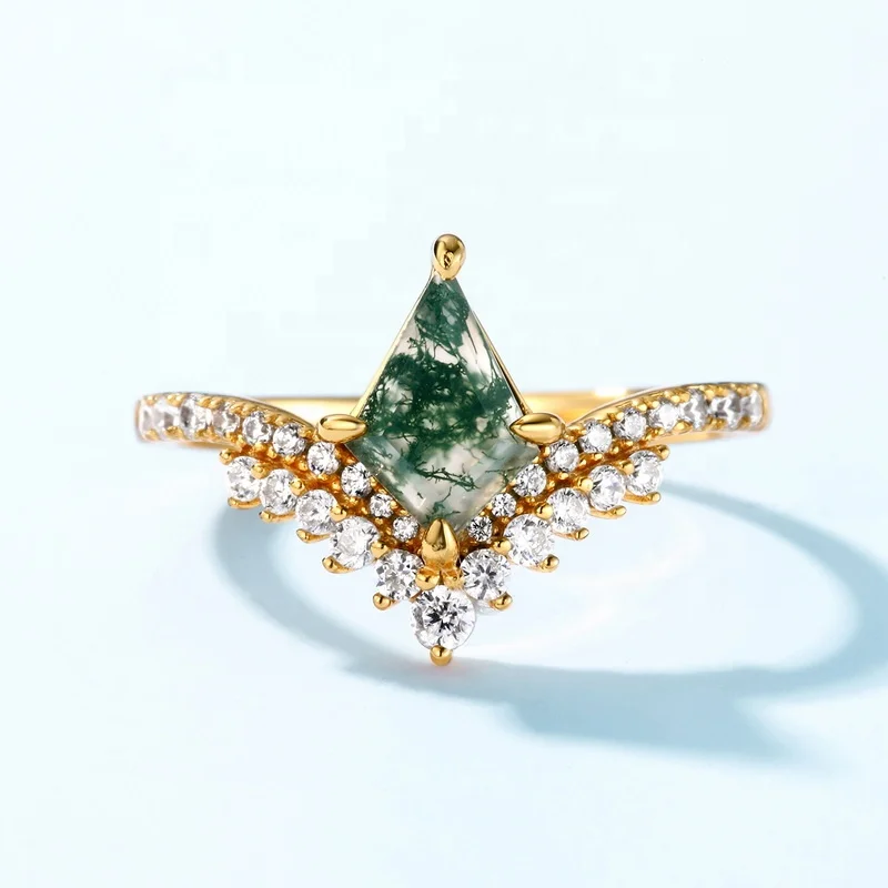 JewelyKing Kite Shape Moss Agate Sterling Silver Ring Simple Gemstone Opal Stackable Ring Green Moss Agate Vintage Ring JKRS0172