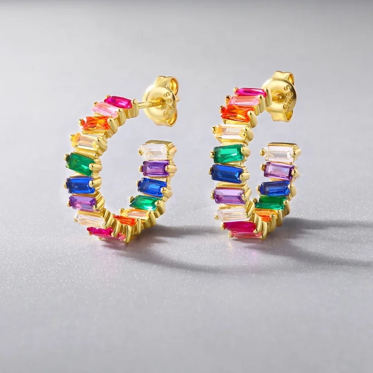 New Arrival Fashion Luxury 925 Sterling Silver Jewelry High Quality Colorful Stone Rainbow Baguette CZ Stud Earrings for Women
