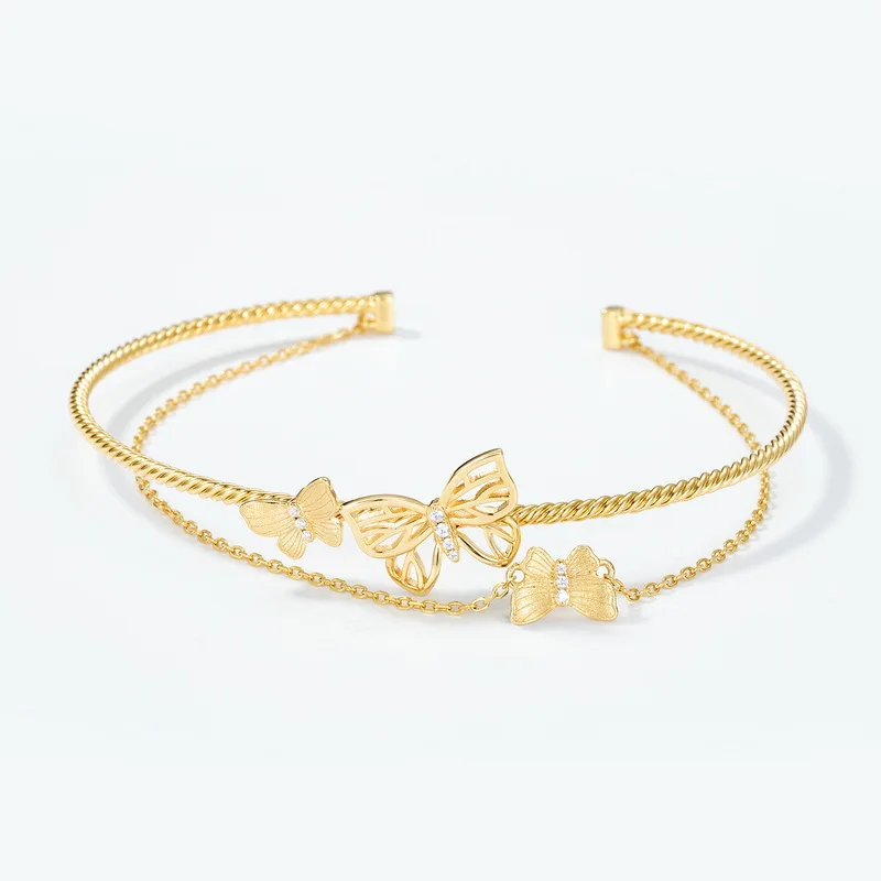 Premium Hand Brushed S925 Silver Cuff Bangle Women 5A Zircon Inlay Butterfly Layered Textured Jewelry
