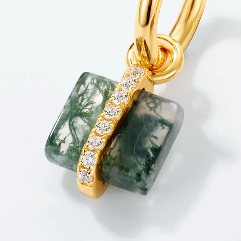 Jewelyking S925 Sterling Silver 14K Gold Plated Square Moss Agate Dangle Huggie Hoop Pave CZ Accent Minimalist Geometric Earrings JKES0102