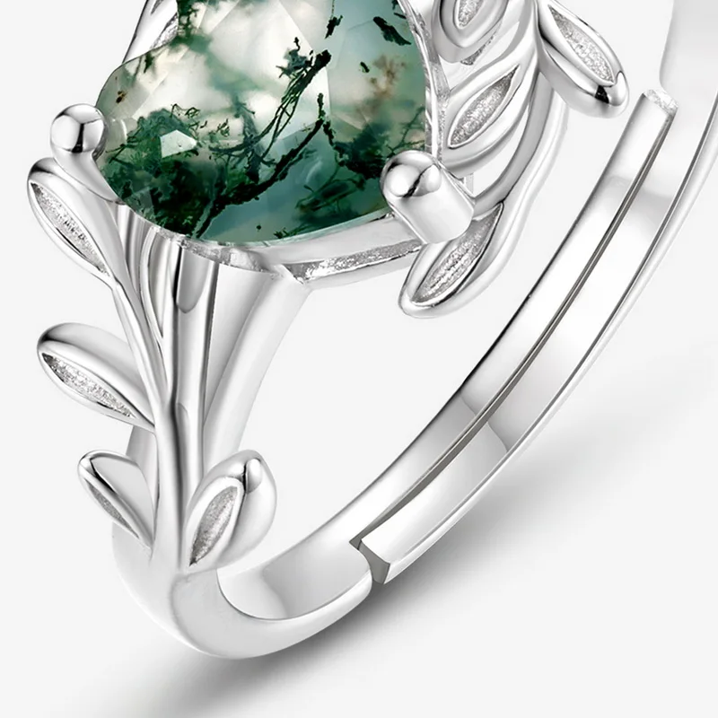 JewelyKing S925 Sterling Silver Heart Shaped Moss Agate Green Gemstone Light Luxury Ring JKRS0187