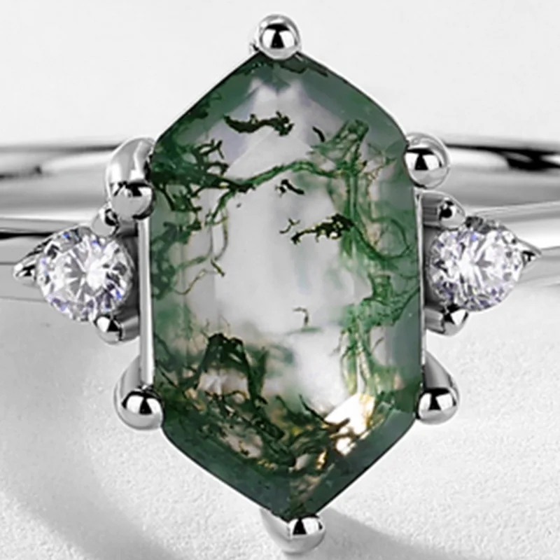 JewelyKing S925 Sterling Silver Green Moss Agate Hexagon Cut CZ Accent Natural Gemstone Solitaire Ring JKRS0009