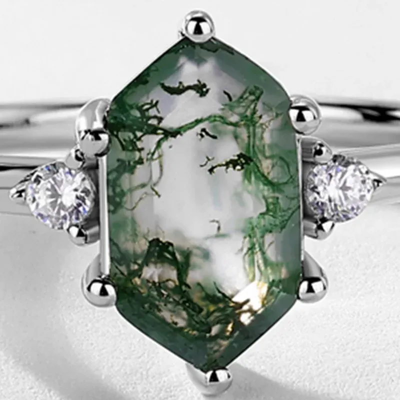 JewelyKing S925 Sterling Silver Green Moss Agate Hexagon Cut CZ Accent Natural Gemstone Solitaire Ring JKRS0009