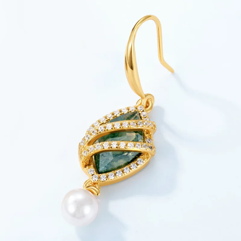 Jewelyking S925 Silver Premium Natural Green Moss Agate CZ Wrapped Pearl Drop Dangle Jewelry JKES0084