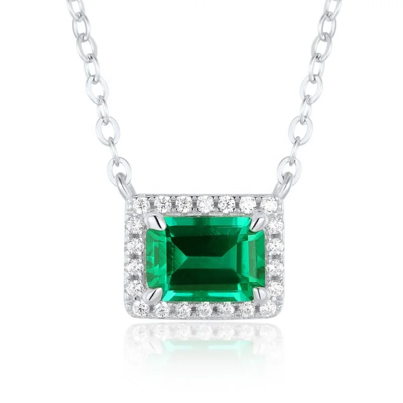 Minimalist Geometric Rectangle Birthstone Necklace Sterling Sliver 925 Cubic Zirconia and Lab Grown Emeralds Pendant Necklace