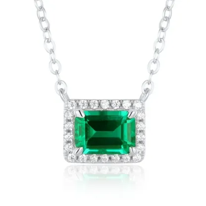 Minimalist Geometric Rectangle Birthstone Necklace Sterling Sliver 925 Cubic Zirconia and Lab Grown Emeralds Pendant Necklace