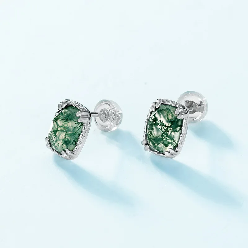 Jewelyking S925 Silver Sterling  Green Moss Agate Round Natural Earrings JKES0093