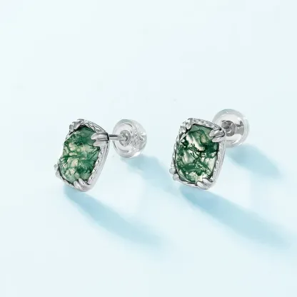 Jewelyking S925 Silver Sterling  Green Moss Agate Round Natural Earrings JKES0093