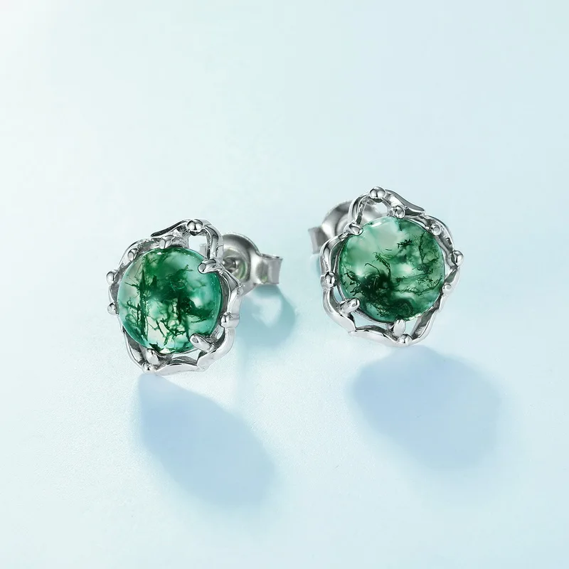 Jewelyking S925 Silver Moss Agate Vintage Natural Green Agate Cute Stud Earrings JKES0066