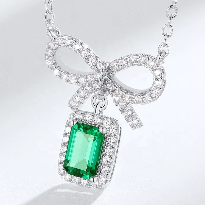 Fine Jewelry 925 Sterling Silver Pendant Necklace with Lab Created Emerald and Bowknot 3A Zircon Green Gemstone for Women Gift