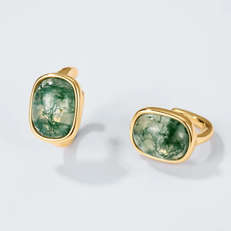 Jewelyking S925 Sterling Silver Green Moss Agate Square Studs Gold Plated JKES0087