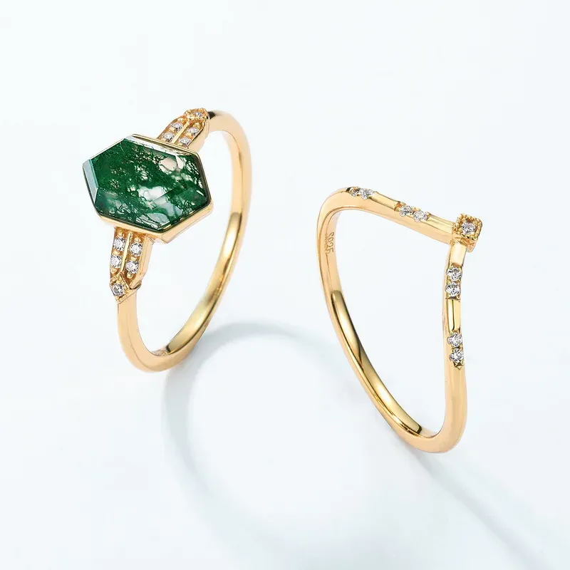 JewelyKing S925 Sterling Silver Moss Agate 14K Gold Plated Vintage Geometric Stackable Engagement Promise Ring JKRS0167