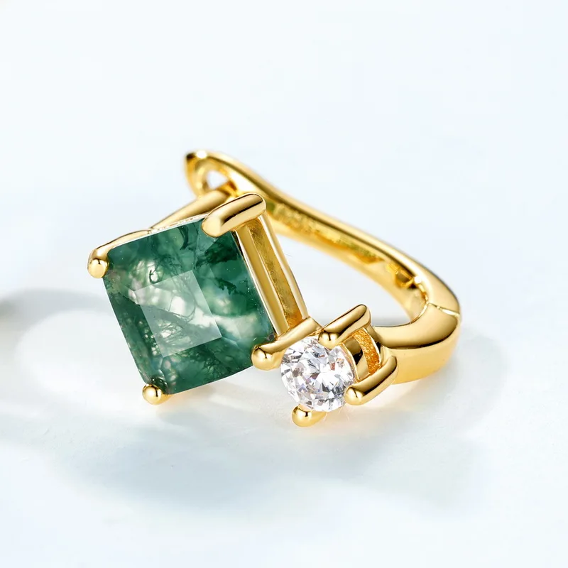 Jewelyking S925 Sterling Silver Zircon Vintage Delicate Green Moss Agate Zircon Diamond Stud Earrings JKES0091