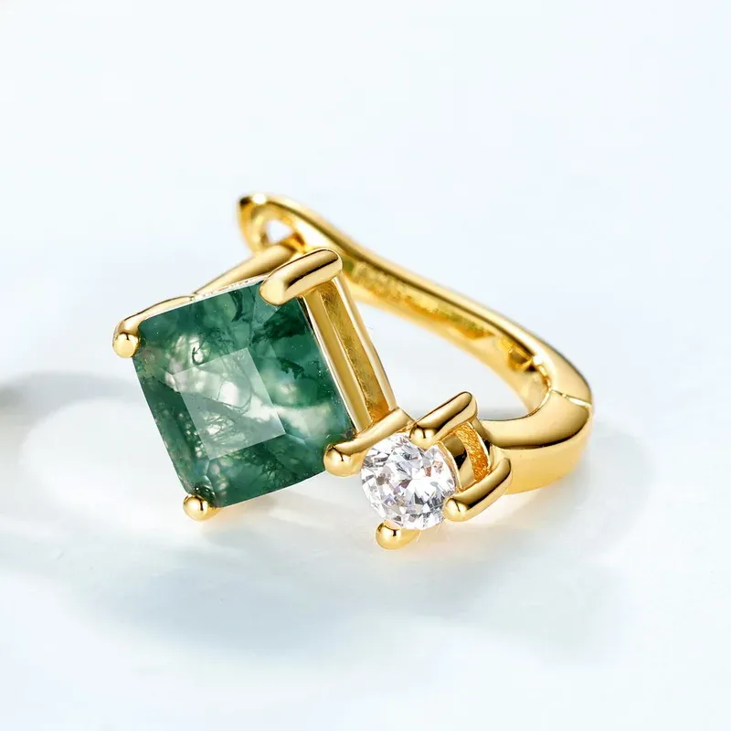 Jewelyking S925 Sterling Silver Zircon Vintage Delicate Green Moss Agate Zircon Diamond Stud Earrings JKES0091